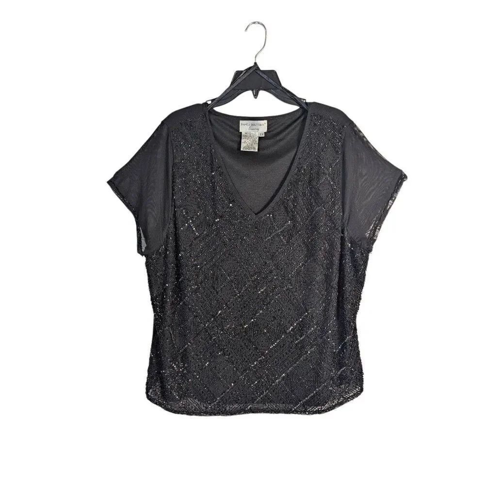 Adrianna Papell evening black beaded sequin mesh overlay formal SS top blouse 2X
